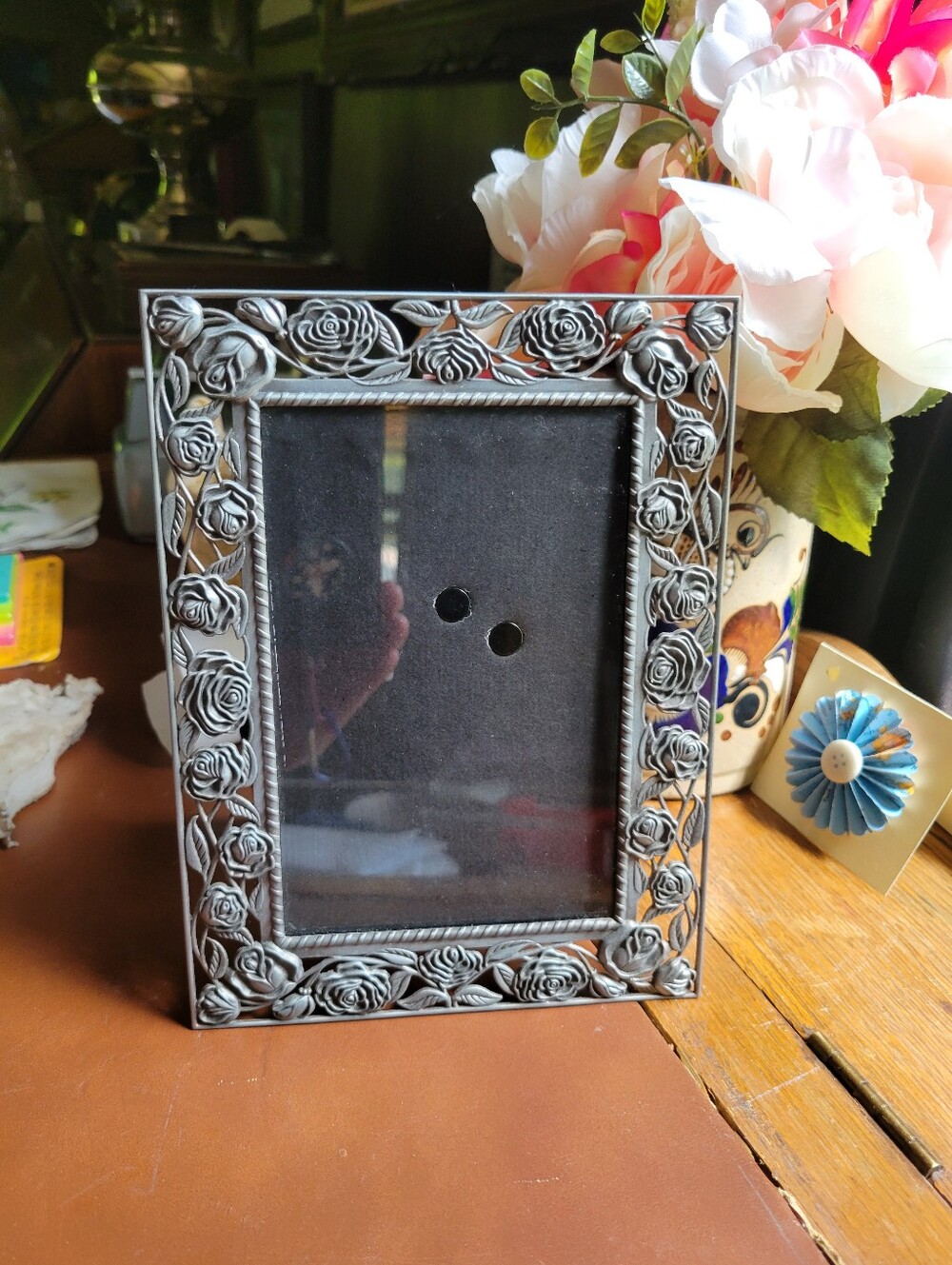 Pewter Roses Malden Picture Frame 4x6 Silver Tone Black Velvet Backing